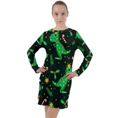 Christmas-funny-pattern Dinosaurs Long Sleeve Hoodie Dress