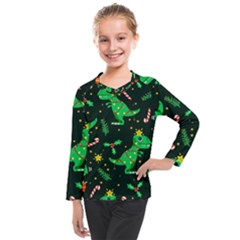 Christmas-funny-pattern Dinosaurs Kids  Long Mesh Tee