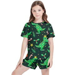 Christmas-funny-pattern Dinosaurs Kids  Tee And Sports Shorts Set