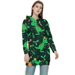 Christmas-funny-pattern Dinosaurs Women s Long Oversized Pullover Hoodie