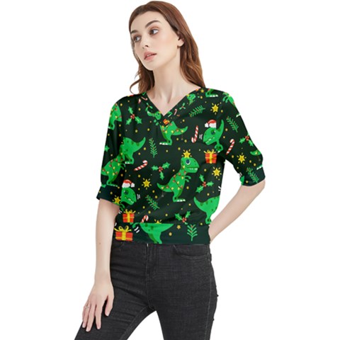 Christmas-funny-pattern Dinosaurs Quarter Sleeve Blouse by Vaneshart