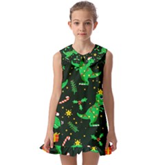 Christmas-funny-pattern Dinosaurs Kids  Pilgrim Collar Ruffle Hem Dress