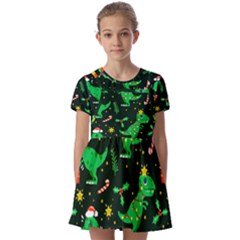 Christmas-funny-pattern Dinosaurs Kids  Short Sleeve Pinafore Style Dress