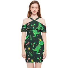 Christmas-funny-pattern Dinosaurs Shoulder Frill Bodycon Summer Dress