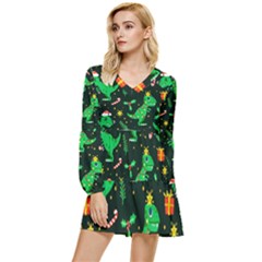 Christmas-funny-pattern Dinosaurs Tiered Long Sleeve Mini Dress