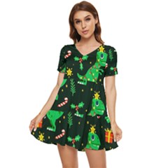 Christmas-funny-pattern Dinosaurs Tiered Short Sleeve Babydoll Dress