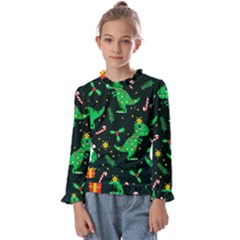 Christmas-funny-pattern Dinosaurs Kids  Frill Detail Tee