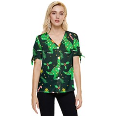 Christmas-funny-pattern Dinosaurs Bow Sleeve Button Up Top