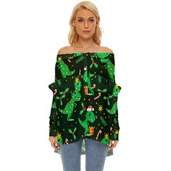 Christmas-funny-pattern Dinosaurs Off Shoulder Chiffon Pocket Shirt