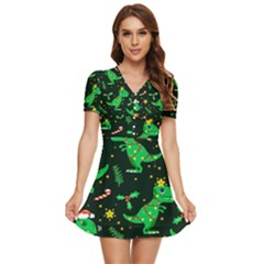 Christmas-funny-pattern Dinosaurs V-neck High Waist Chiffon Mini Dress