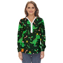 Christmas-funny-pattern Dinosaurs Zip Up Long Sleeve Blouse