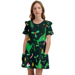 Christmas-funny-pattern Dinosaurs Kids  Frilly Sleeves Pocket Dress