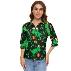 Christmas-funny-pattern Dinosaurs Women s Quarter Sleeve Pocket Shirt