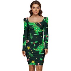 Christmas-funny-pattern Dinosaurs Women Long Sleeve Ruched Stretch Jersey Dress