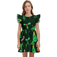 Christmas-funny-pattern Dinosaurs Kids  Winged Sleeve Dress