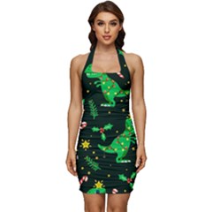 Christmas-funny-pattern Dinosaurs Sleeveless Wide Square Neckline Ruched Bodycon Dress