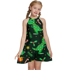 Christmas-funny-pattern Dinosaurs Kids  Halter Collar Waist Tie Chiffon Dress