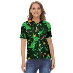 Christmas-funny-pattern Dinosaurs Women s Short Sleeve Double Pocket Shirt