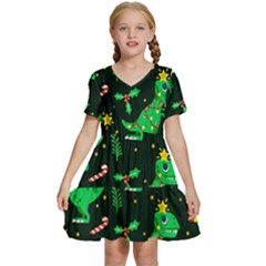 Christmas-funny-pattern Dinosaurs Kids  Short Sleeve Tiered Mini Dress