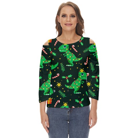 Christmas-funny-pattern Dinosaurs Cut Out Wide Sleeve Top by Vaneshart