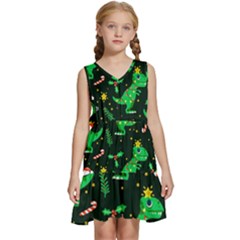 Christmas-funny-pattern Dinosaurs Kids  Sleeveless Tiered Mini Dress