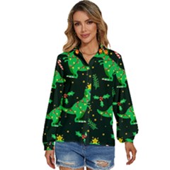 Christmas-funny-pattern Dinosaurs Women s Long Sleeve Button Up Shirt