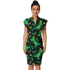 Christmas-funny-pattern Dinosaurs Vintage Frill Sleeve V-neck Bodycon Dress