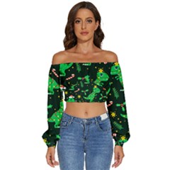 Christmas-funny-pattern Dinosaurs Long Sleeve Crinkled Weave Crop Top