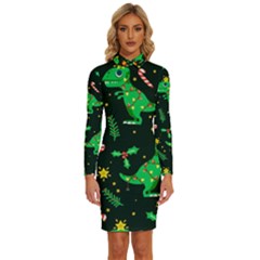 Christmas-funny-pattern Dinosaurs Long Sleeve Shirt Collar Bodycon Dress