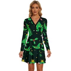 Christmas-funny-pattern Dinosaurs Long Sleeve Deep V Mini Dress 