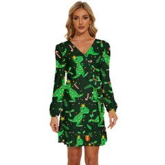 Christmas-funny-pattern Dinosaurs Long Sleeve Waist Tie Ruffle Velvet Dress