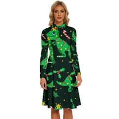 Christmas-funny-pattern Dinosaurs Long Sleeve Shirt Collar A-line Dress