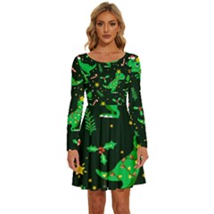 Christmas-funny-pattern Dinosaurs Long Sleeve Wide Neck Velvet Dress