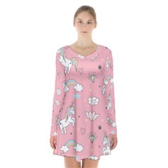 Cute-unicorn-seamless-pattern Long Sleeve Velvet V-neck Dress