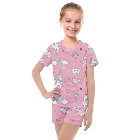 Cute-unicorn-seamless-pattern Kids  Mesh Tee And Shorts Set by Vaneshart