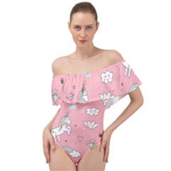 Cute-unicorn-seamless-pattern Off Shoulder Velour Bodysuit 