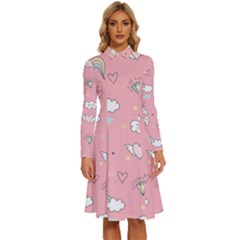 Cute-unicorn-seamless-pattern Long Sleeve Shirt Collar A-line Dress