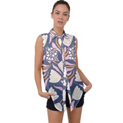 Flowers Pattern Floral Pattern Sleeveless Chiffon Button Shirt