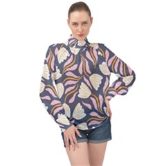 Flowers Pattern Floral Pattern High Neck Long Sleeve Chiffon Top