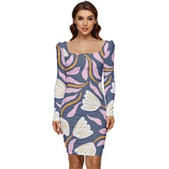 Flowers Pattern Floral Pattern Women Long Sleeve Ruched Stretch Jersey Dress