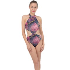 Pink Texture Resin Halter Side Cut Swimsuit