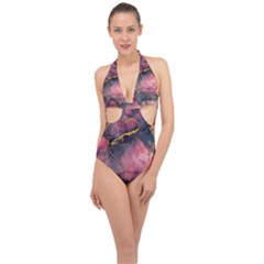 Pink Texture Resin Halter Front Plunge Swimsuit by Vaneshop