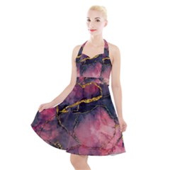 Pink Texture Resin Halter Party Swing Dress 