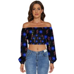 Background Pattern Graphic Long Sleeve Crinkled Weave Crop Top by Vaneshop