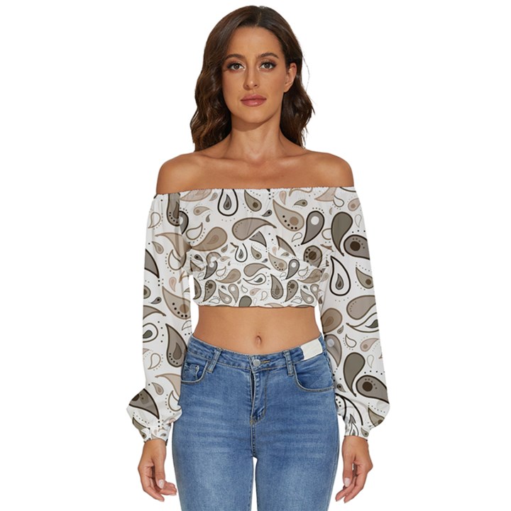 Paisley Pattern Background Graphic Long Sleeve Crinkled Weave Crop Top