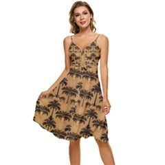 Camel Palm Tree Sleeveless Tie Front Chiffon Dress