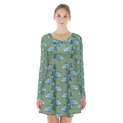 Fishes Pattern Background Theme Long Sleeve Velvet V-neck Dress