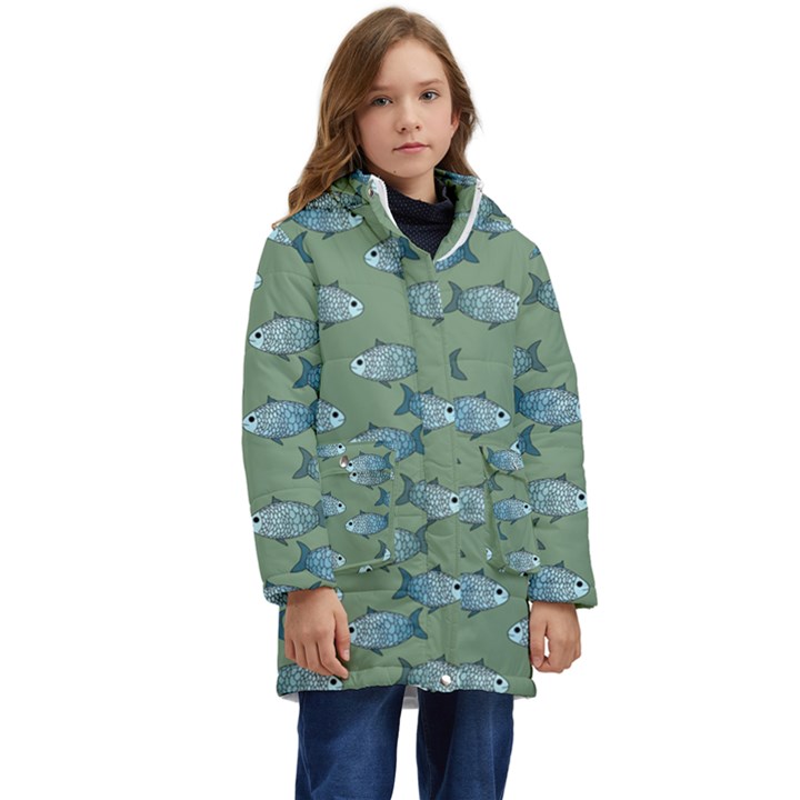 Fishes Pattern Background Theme Kids  Hooded Longline Puffer Jacket