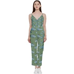 Fishes Pattern Background Theme V-neck Spaghetti Strap Tie Front Jumpsuit by Vaneshop