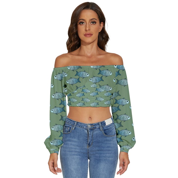 Fishes Pattern Background Theme Long Sleeve Crinkled Weave Crop Top